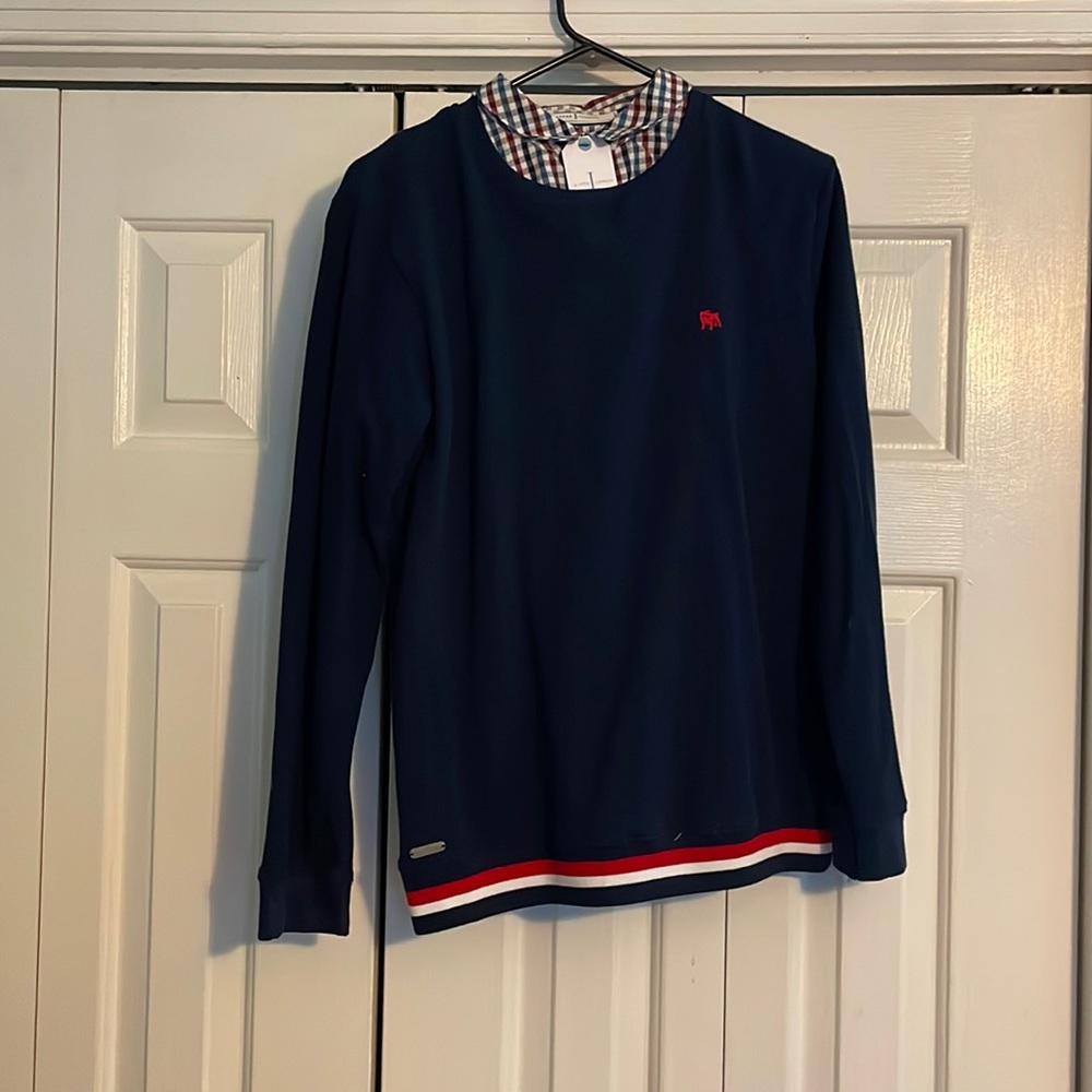 Jasper Conran boys navy sweater with mock plaid collar. New with tags, 13-14y.